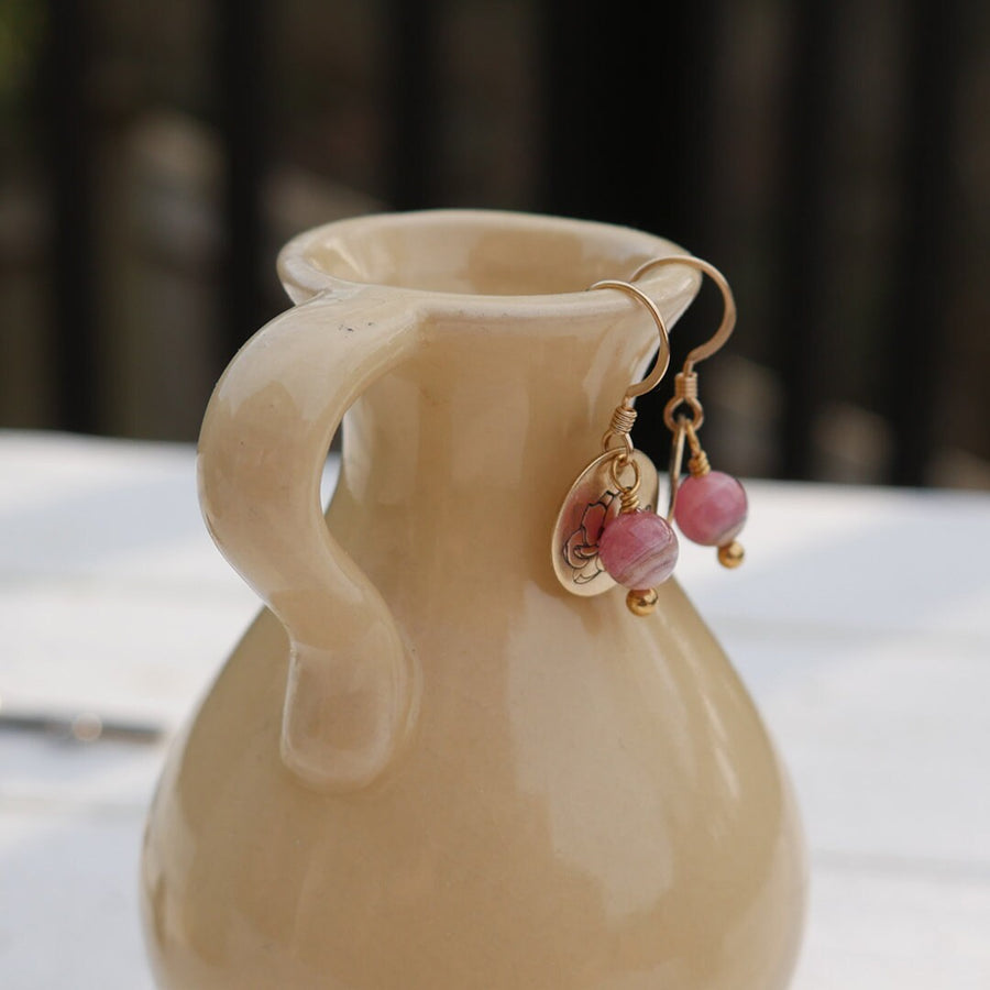 Artisan Gold Filled & Pink Rhodocrosite with Magnolia Bloom Earwires Drop Dangle Earrings Beautiful Blossom Life Tree