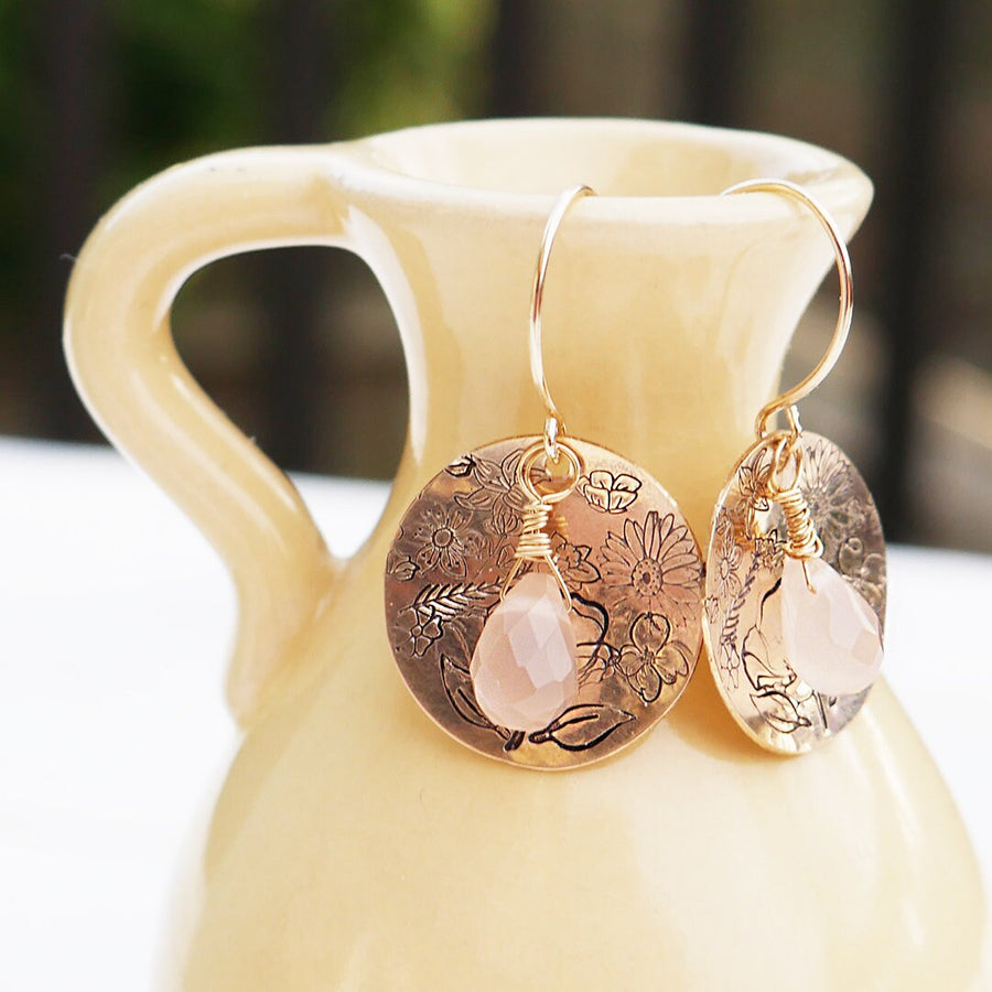 Artisan Gold Filled & Pink Chalcedony with Disc, Flower Blooms, Earwires Drop Dangle Earrings Beautiful Blossom Life Tree