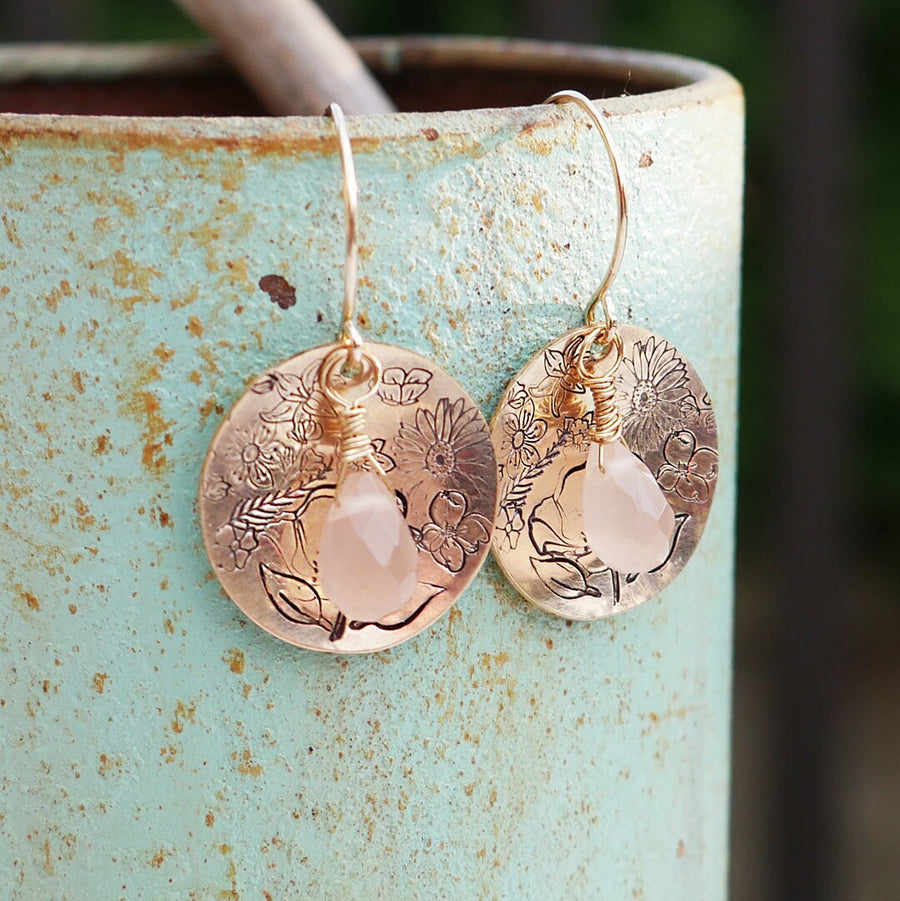 Artisan Gold Filled & Pink Chalcedony with Disc, Flower Blooms, Earwires Drop Dangle Earrings Beautiful Blossom Life Tree