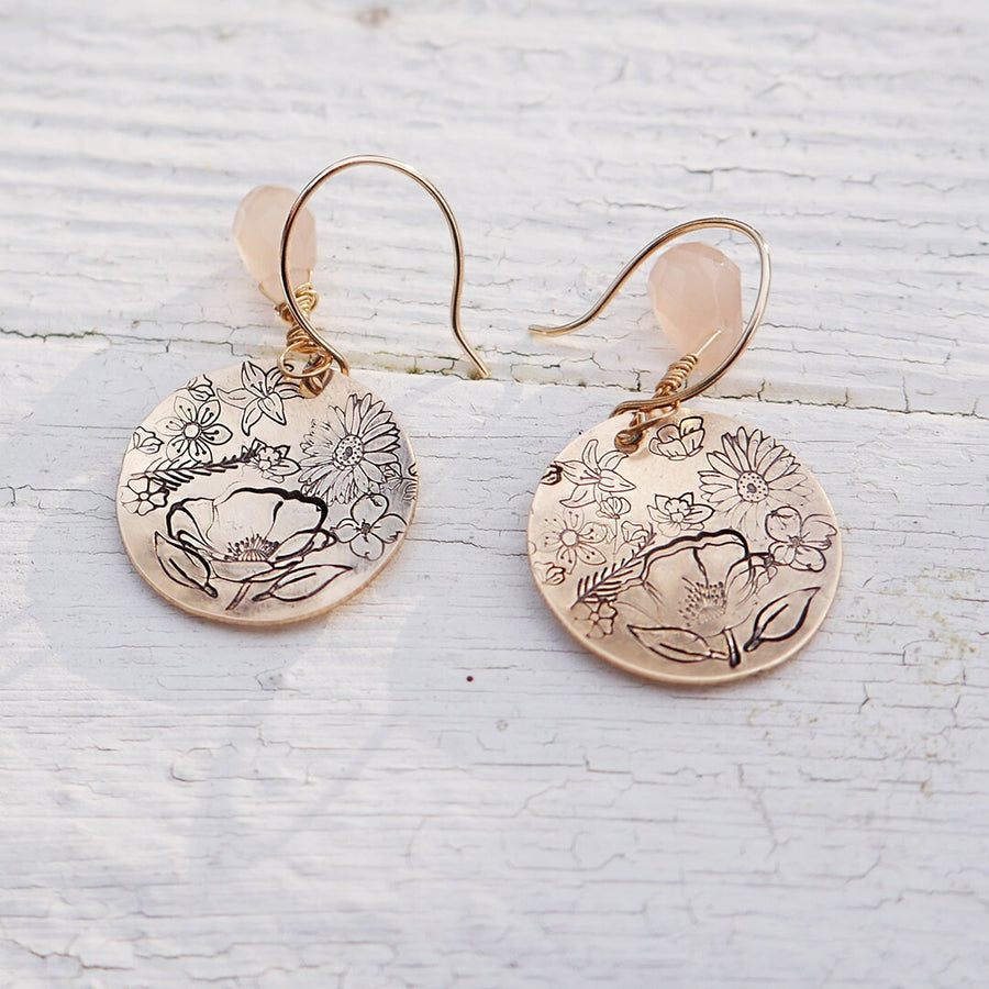 Artisan Gold Filled & Pink Chalcedony with Disc, Flower Blooms, Earwires Drop Dangle Earrings Beautiful Blossom Life Tree