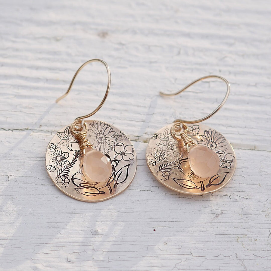 Artisan Gold Filled & Pink Chalcedony with Disc, Flower Blooms, Earwires Drop Dangle Earrings Beautiful Blossom Life Tree