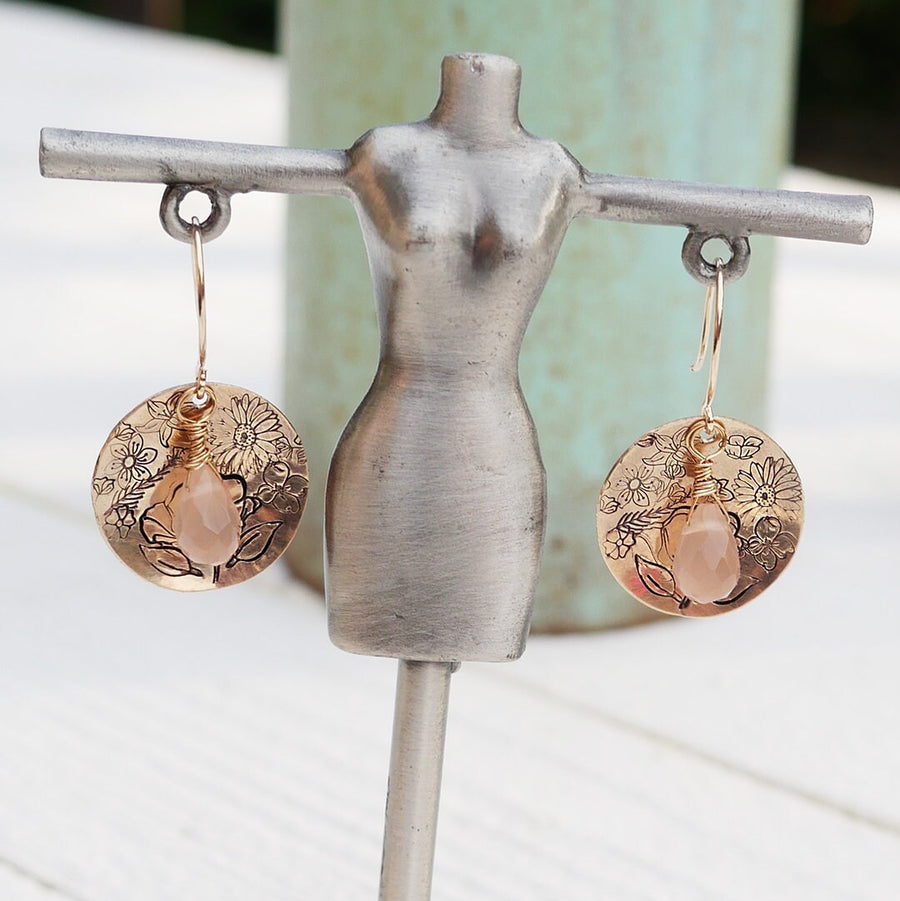 Artisan Gold Filled & Pink Chalcedony with Disc, Flower Blooms, Earwires Drop Dangle Earrings Beautiful Blossom Life Tree