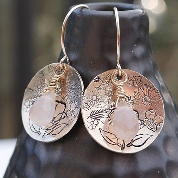 Artisan Gold Filled & Pink Chalcedony with Disc, Flower Blooms, Earwires Drop Dangle Earrings Beautiful Blossom Life Tree