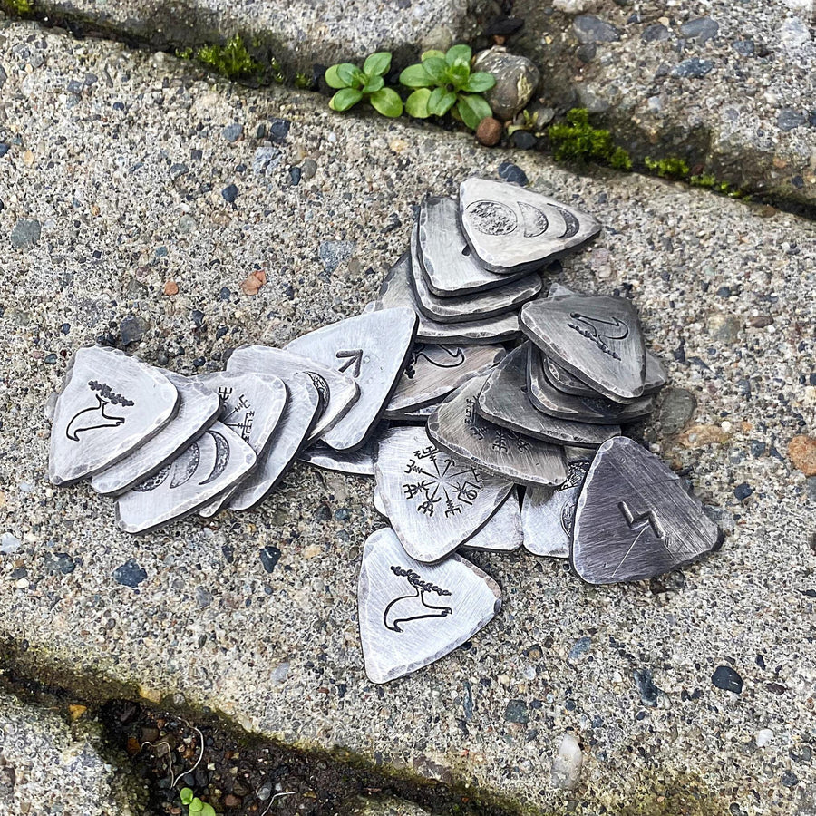 Full Set of Elder Furthark Casting Runes, Triangular, Helm of Awe, Crow, Moon Phases, Leather Pouch, Handcast, stamped and hammered Pewter