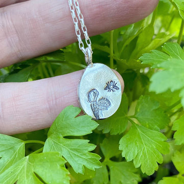 Artisan Stamped Beautiful Venus Flytrap and Bee Sterling Silver Pendant Necklace, Fly Trap, Bee, Nature, Carnivorous, Subtle and Minimalist