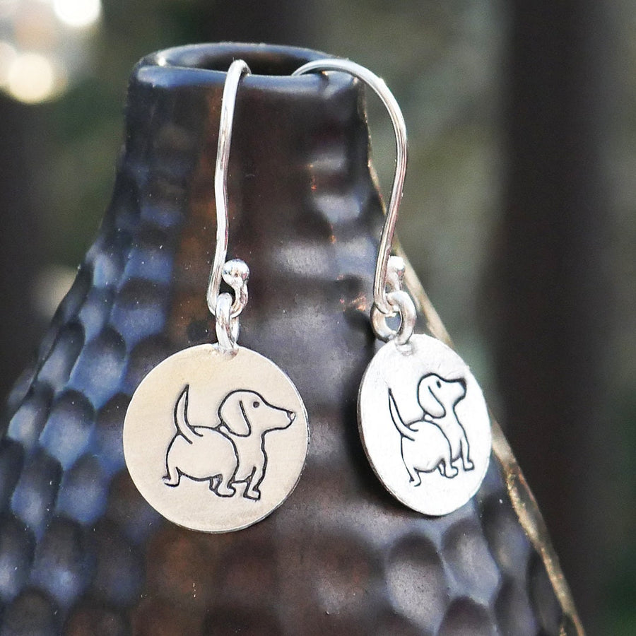 Artisan Sterling Silver Little Daschund Dog Earrings, Weiner Dog Earrings, Doxie Earrings, Minimalist, Ear Wire, Round, doggie butt earrings