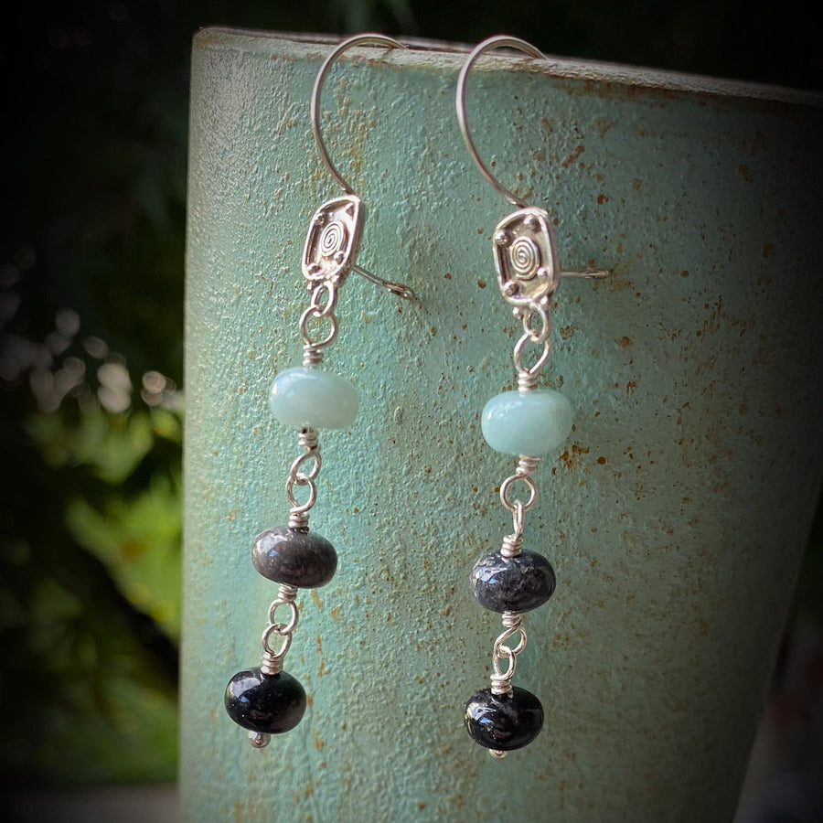 Artisan Sterling Silver & Gray Black and Seafoam Green Amazonite Earrings with Beautiful Bali Silver Leverback Kidney Wire Secure Earrings