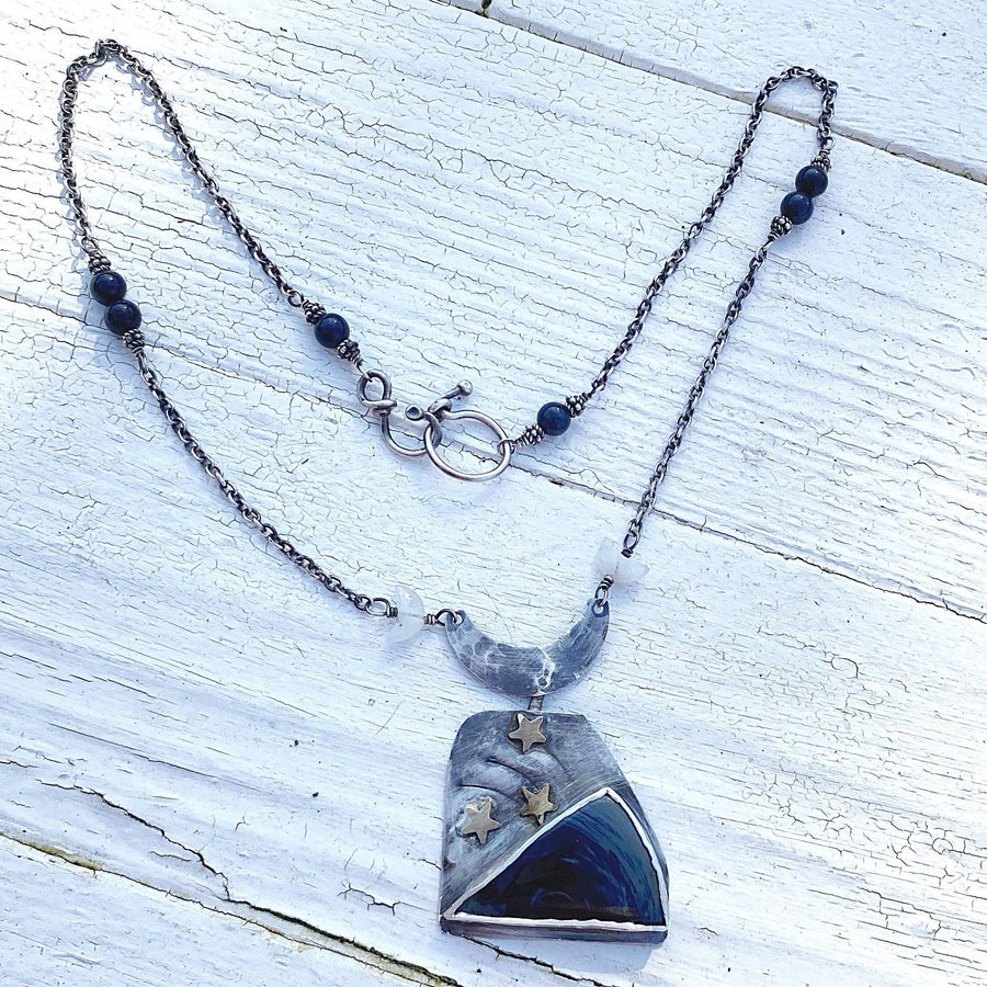 Artisan Sterling Silver Leland Blue, Dumortierite, Moonstone Necklace, Space Galaxy Stars Moons Cabochon Power Wicca Pagan Art Statement