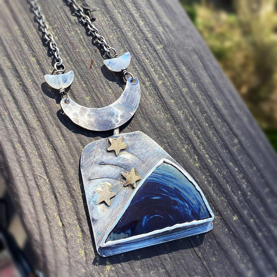 Artisan Sterling Silver Leland Blue, Dumortierite, Moonstone Necklace, Space Galaxy Stars Moons Cabochon Power Wicca Pagan Art Statement