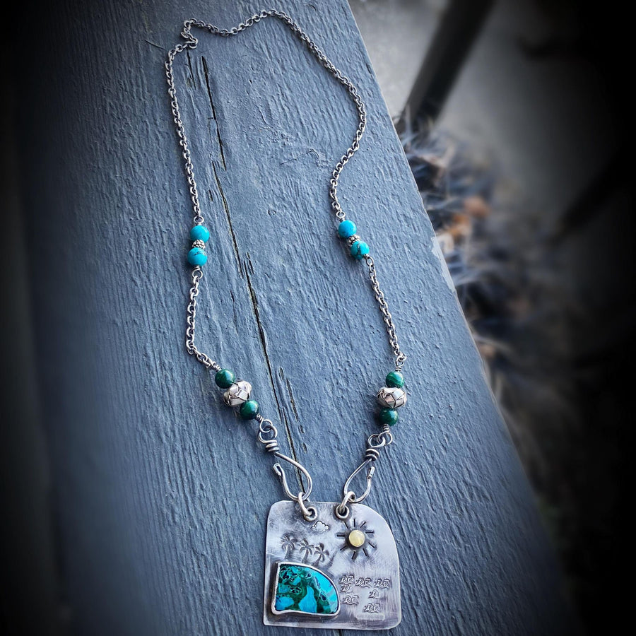 Artisan Sterling Silver & Chrysocolla Necklace, Malachite, Turquoise, Front Hook, Island Vacation Palms Unusual Art Statement Powerful Peace