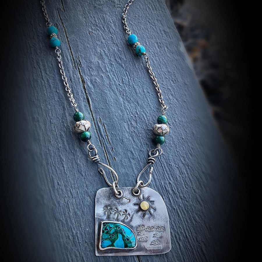 Artisan Sterling Silver & Chrysocolla Necklace, Malachite, Turquoise, Front Hook, Island Vacation Palms Unusual Art Statement Powerful Peace