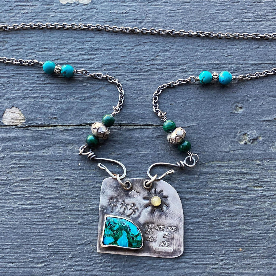 Artisan Sterling Silver & Chrysocolla Necklace, Malachite, Turquoise, Front Hook, Island Vacation Palms Unusual Art Statement Powerful Peace