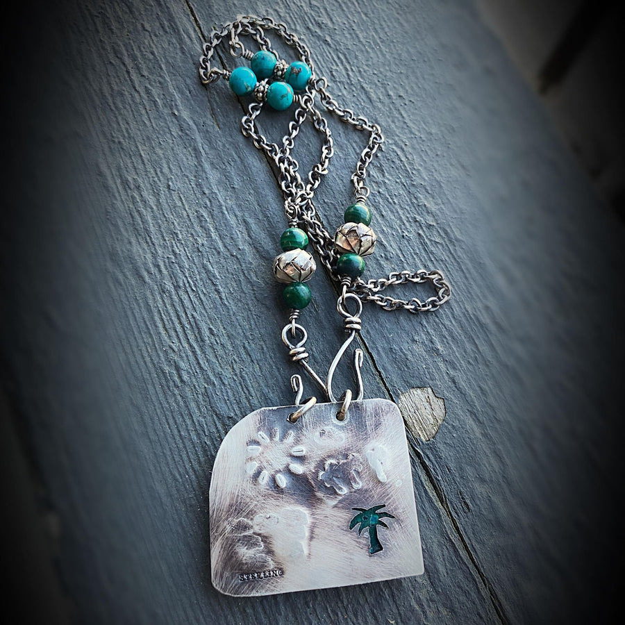 Artisan Sterling Silver & Chrysocolla Necklace, Malachite, Turquoise, Front Hook, Island Vacation Palms Unusual Art Statement Powerful Peace