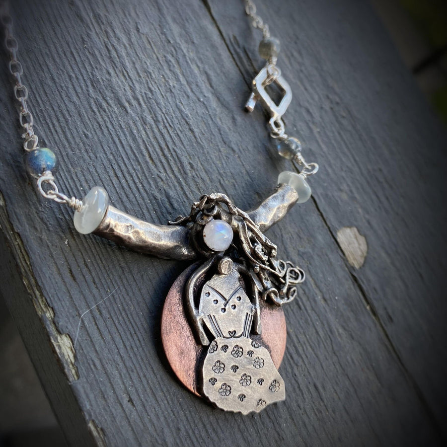 Artisan Sterling Silver & Copper Goddess Woman Girl Necklace Pendant, Moonstone, Labradorite, Mixed Metal, Handmade Art Statement Necklace