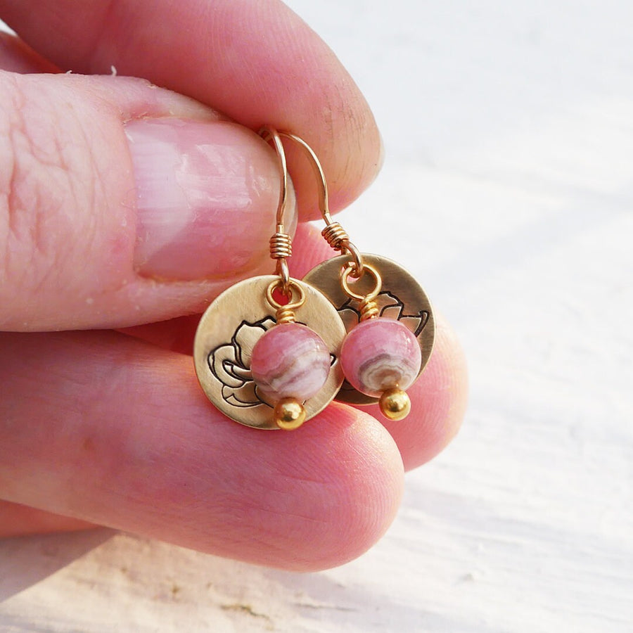 Artisan Gold Filled & Pink Rhodocrosite with Magnolia Bloom Earwires Drop Dangle Earrings Beautiful Blossom Life Tree