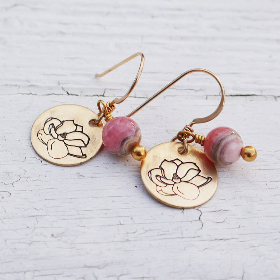 Artisan Gold Filled & Pink Rhodocrosite with Magnolia Bloom Earwires Drop Dangle Earrings Beautiful Blossom Life Tree