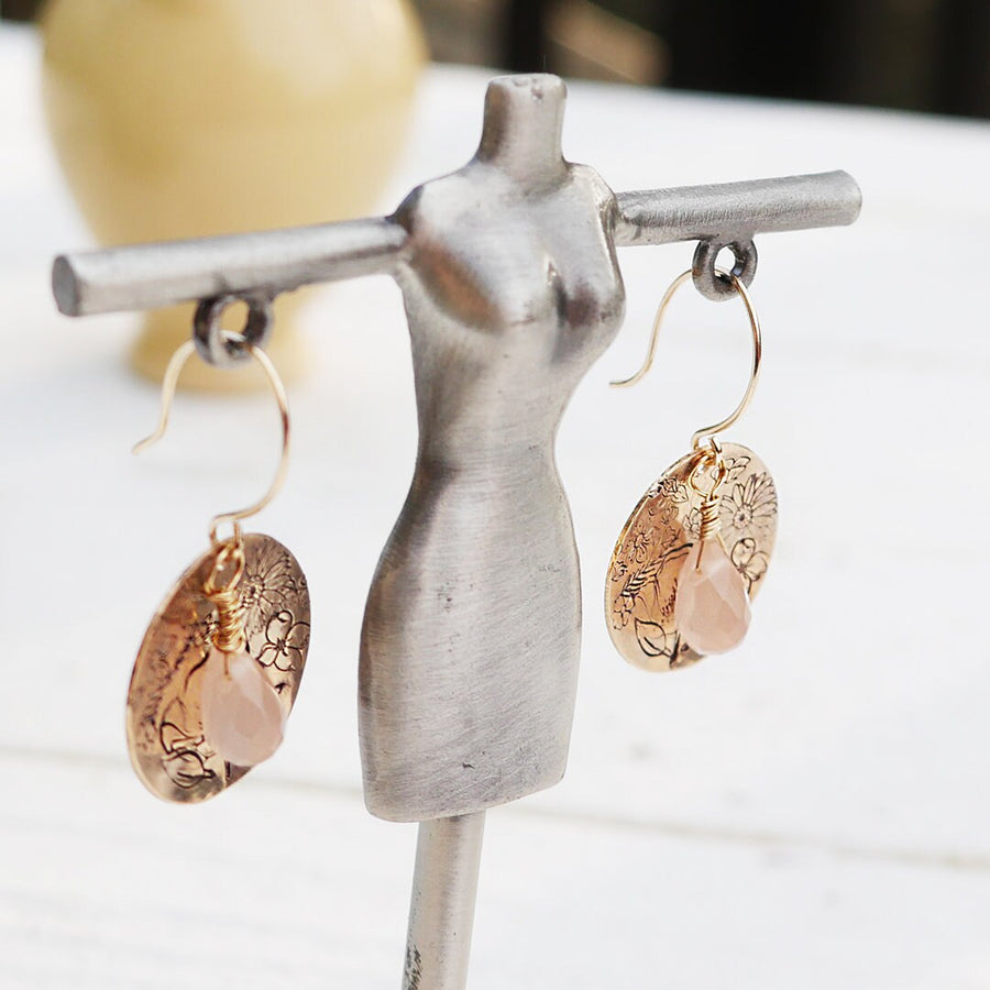 Artisan Gold Filled & Pink Chalcedony with Disc, Flower Blooms, Earwires Drop Dangle Earrings Beautiful Blossom Life Tree