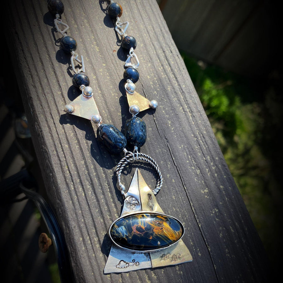 Artisan Sterling Silver & Bronze Pietersite Elemental Necklace, Mixed Metal, Fire, Water, Earth, Wind Elements Wicca Pagan Art Statement