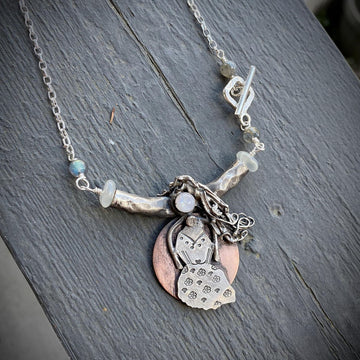 Artisan Sterling Silver & Copper Goddess Woman Girl Necklace Pendant, Moonstone, Labradorite, Mixed Metal, Handmade Art Statement Necklace