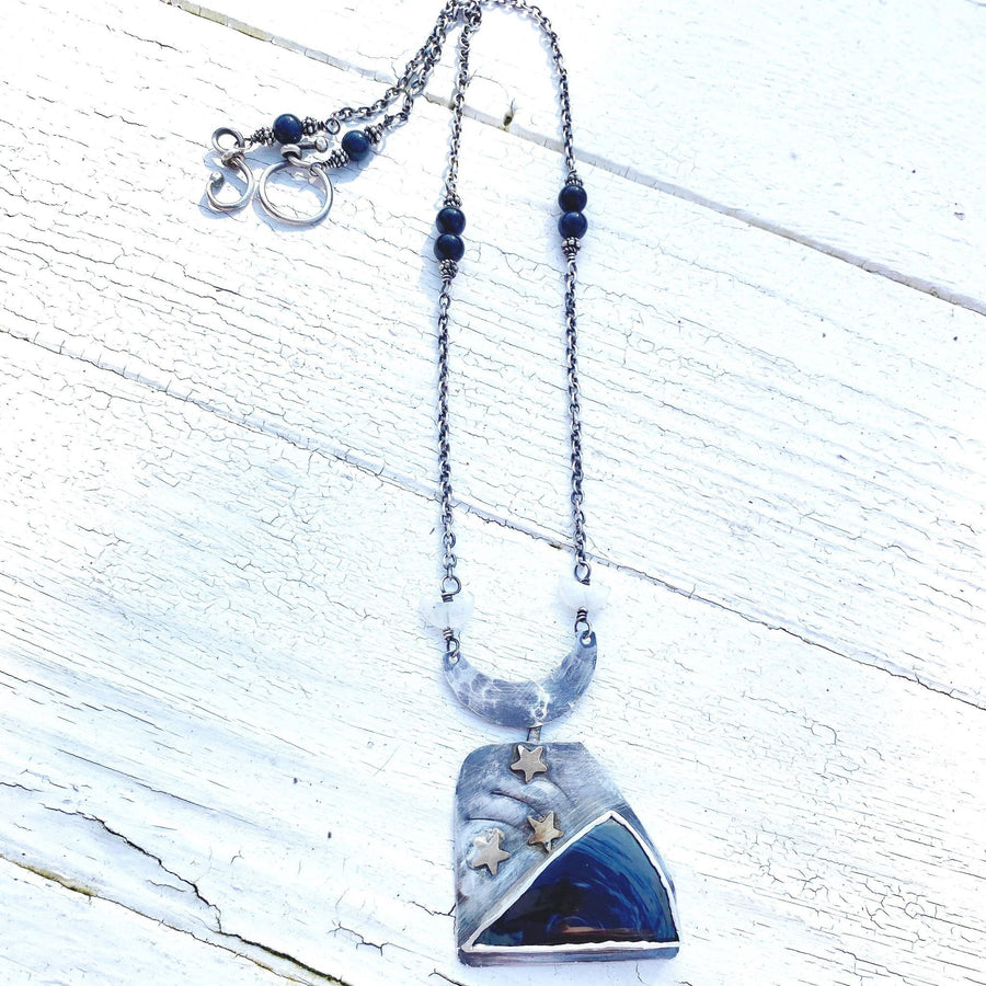 Artisan Sterling Silver Leland Blue, Dumortierite, Moonstone Necklace, Space Galaxy Stars Moons Cabochon Power Wicca Pagan Art Statement