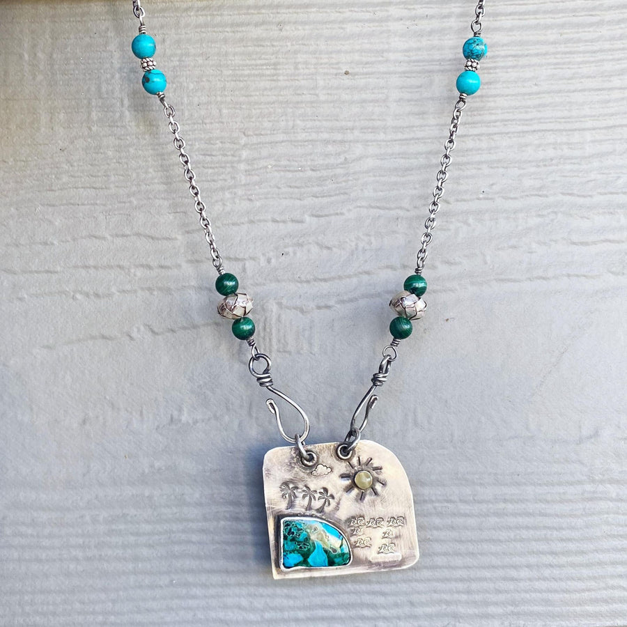 Artisan Sterling Silver & Chrysocolla Necklace, Malachite, Turquoise, Front Hook, Island Vacation Palms Unusual Art Statement Powerful Peace