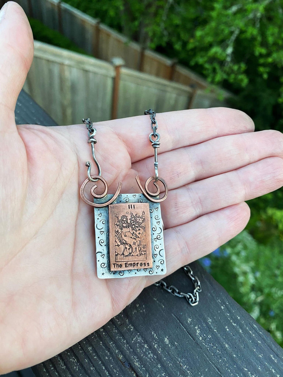 Artisan Sterling Silver & Etched Copper The Empress Tarot Card Necklace, Original Tarot Card Art, Mystic Empress Major Arcana Mixed Metal