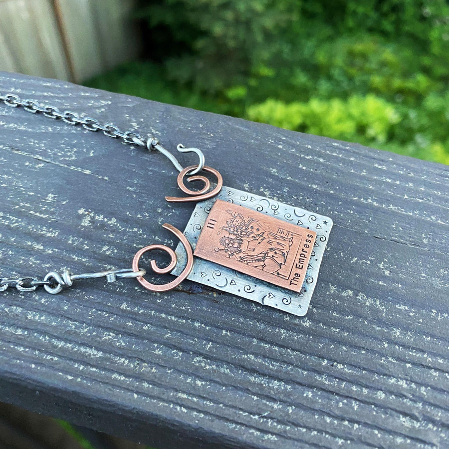 Artisan Sterling Silver & Etched Copper The Empress Tarot Card Necklace, Original Tarot Card Art, Mystic Empress Major Arcana Mixed Metal