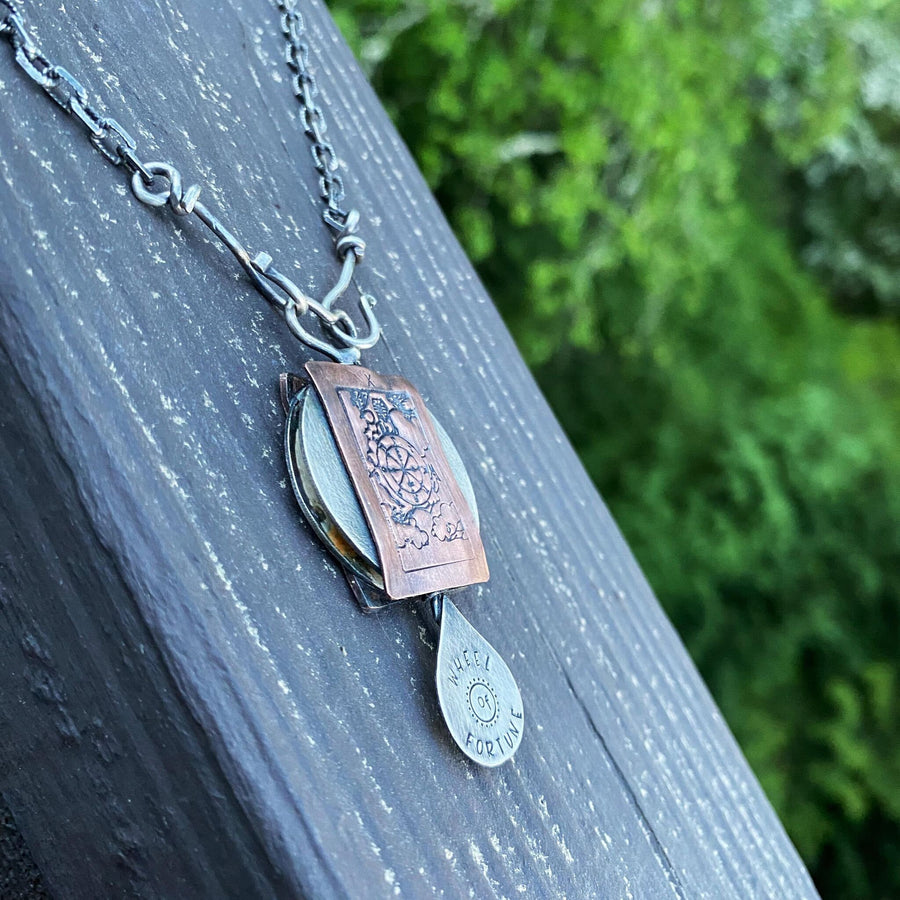 Artisan Sterling Silver & Etched Copper Wheel of Fortune Tarot Card Necklace, Original Tarot Art, Mixed Metal Pendant, Tarot Reading Gift