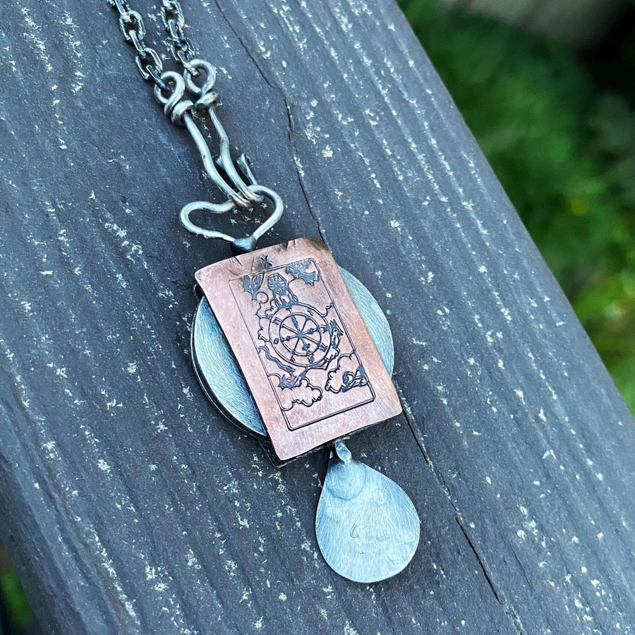 Artisan Sterling Silver & Etched Copper Wheel of Fortune Tarot Card Necklace, Original Tarot Art, Mixed Metal Pendant, Tarot Reading Gift