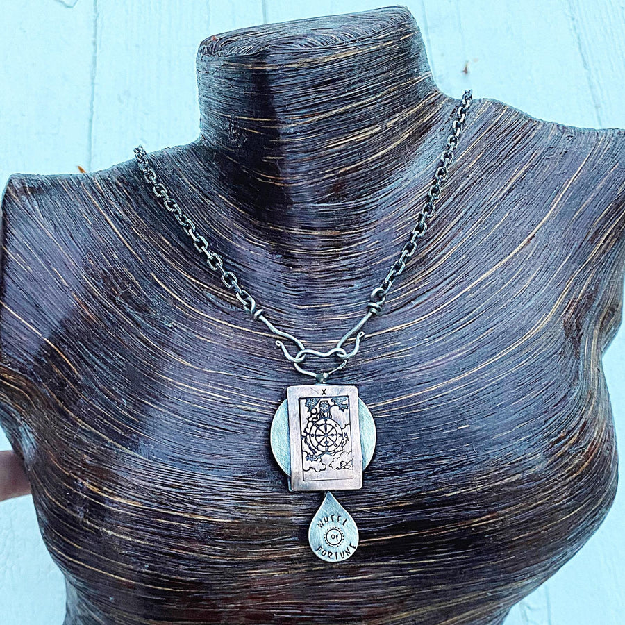 Artisan Sterling Silver & Etched Copper Wheel of Fortune Tarot Card Necklace, Original Tarot Art, Mixed Metal Pendant, Tarot Reading Gift