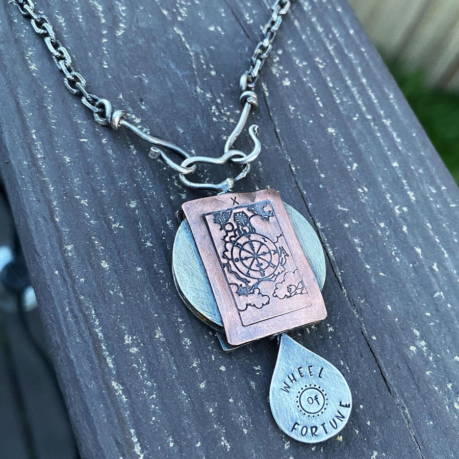 Artisan Sterling Silver & Etched Copper Wheel of Fortune Tarot Card Necklace, Original Tarot Art, Mixed Metal Pendant, Tarot Reading Gift