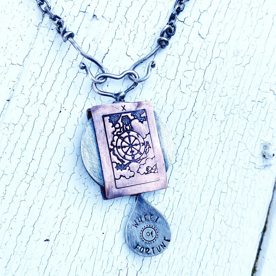 Artisan Sterling Silver & Etched Copper Wheel of Fortune Tarot Card Necklace, Original Tarot Art, Mixed Metal Pendant, Tarot Reading Gift