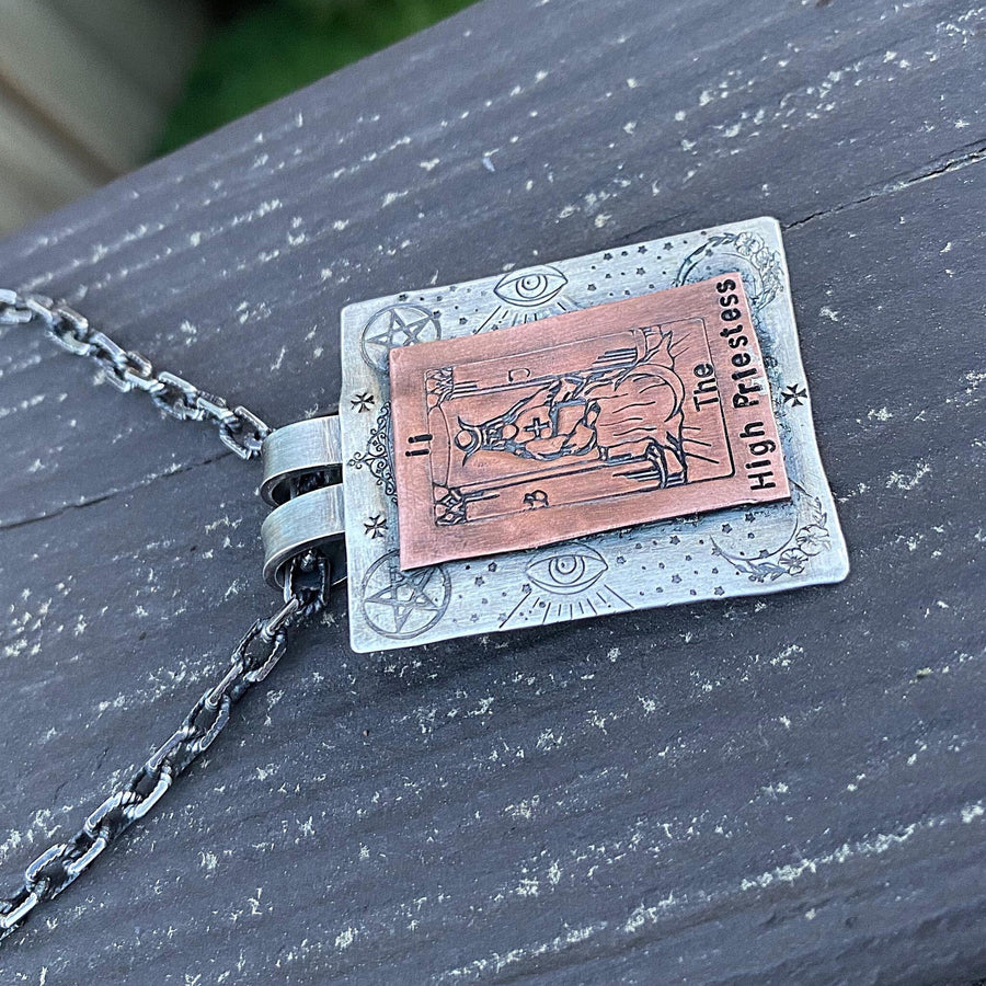 Artisan Sterling Silver & Etched Copper The High Priestess Tarot Card Necklace, Original Tarot Art, Mixed Metal Pendant, Tarot Reading Gift