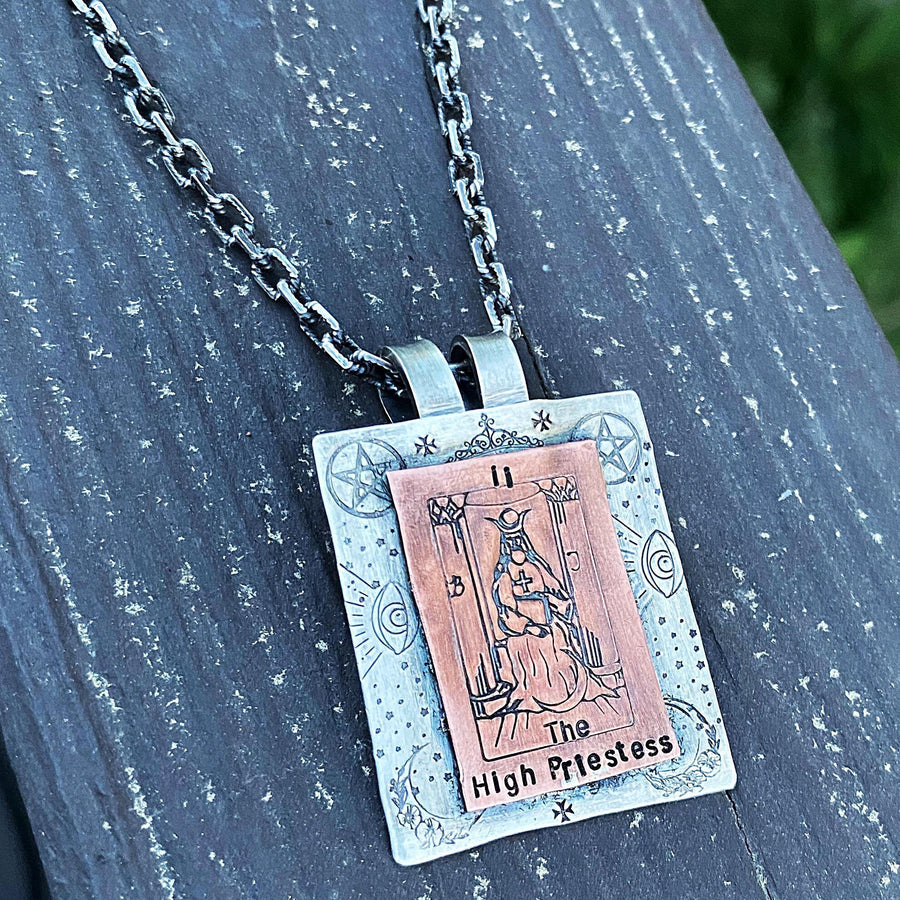 Artisan Sterling Silver & Etched Copper The High Priestess Tarot Card Necklace, Original Tarot Art, Mixed Metal Pendant, Tarot Reading Gift