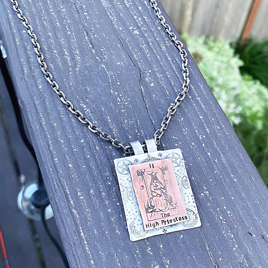 Artisan Sterling Silver & Etched Copper The High Priestess Tarot Card Necklace, Original Tarot Art, Mixed Metal Pendant, Tarot Reading Gift