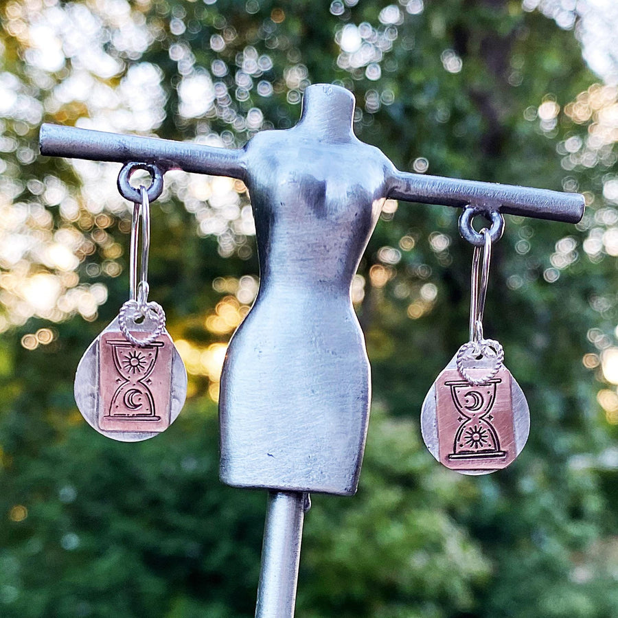 Artisan Sterling Silver and Copper Mystic Hourglass Earrings, Esoteric Earrings, Sun and Moon Earrings, Mixed Metal, Wiccan, Hour Glass