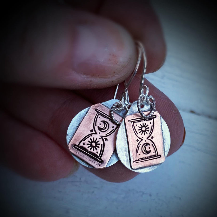 Artisan Sterling Silver and Copper Mystic Hourglass Earrings, Esoteric Earrings, Sun and Moon Earrings, Mixed Metal, Wiccan, Hour Glass