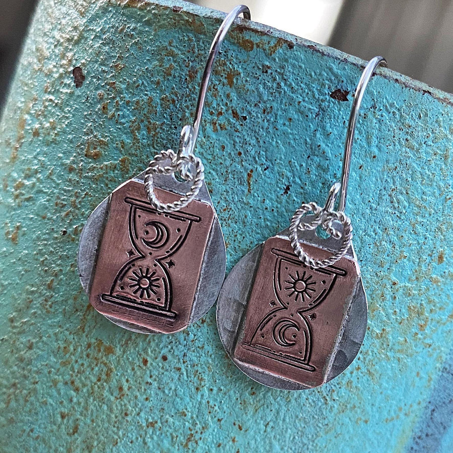 Artisan Sterling Silver and Copper Mystic Hourglass Earrings, Esoteric Earrings, Sun and Moon Earrings, Mixed Metal, Wiccan, Hour Glass