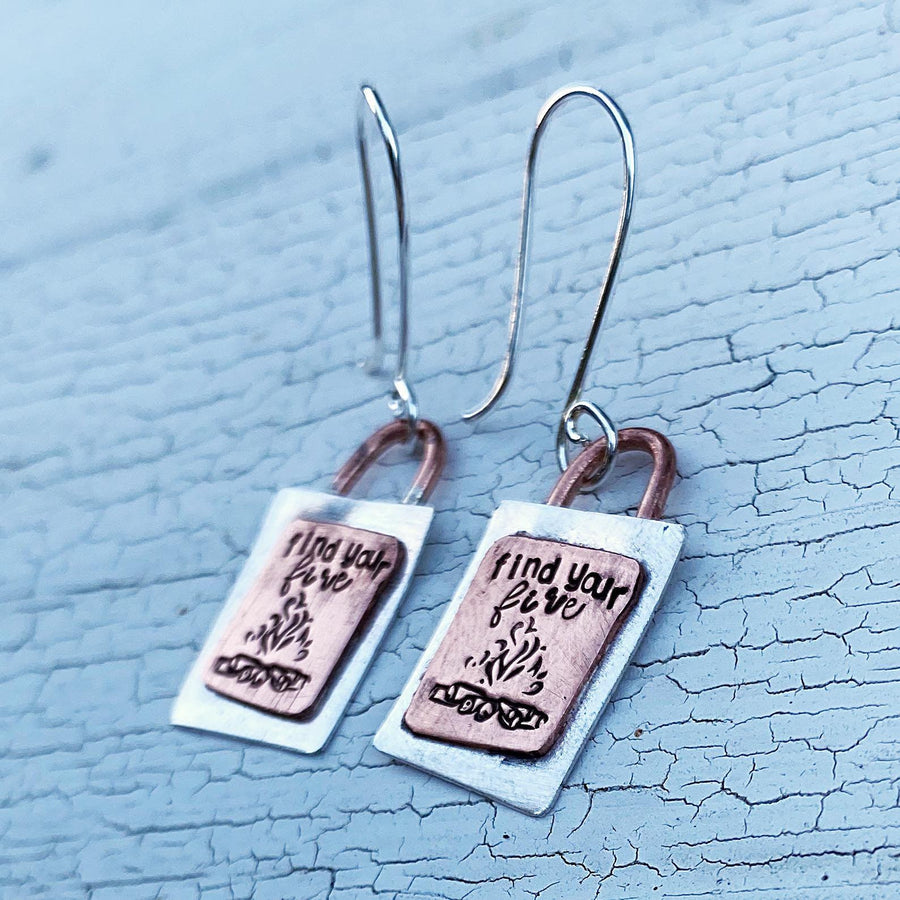 Artisan Sterling Silver and Copper Find Your Fire Earrings, Campfire, Flames, Bonfire, Camping Fire, Rustic Artisan Hand Stamped Design Fire