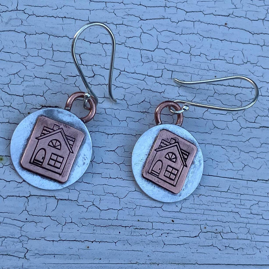 Artisan Sterling Silver and Copper House Earrings, Real Estate Agent Earrings, Home Earrings, Rustic and One of a Kind, New Home Gift