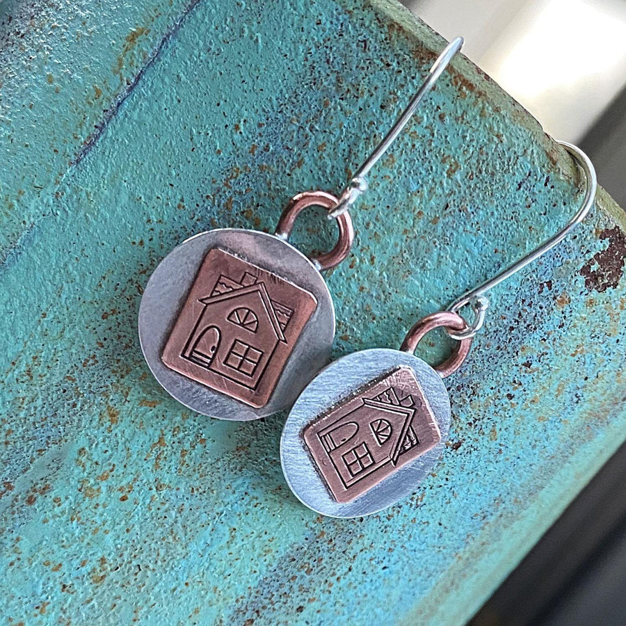 Artisan Sterling Silver and Copper House Earrings, Real Estate Agent Earrings, Home Earrings, Rustic and One of a Kind, New Home Gift