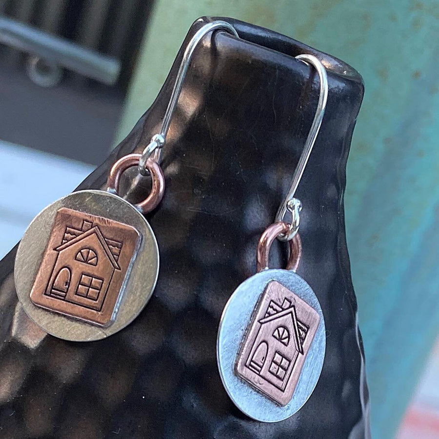 Artisan Sterling Silver and Copper House Earrings, Real Estate Agent Earrings, Home Earrings, Rustic and One of a Kind, New Home Gift