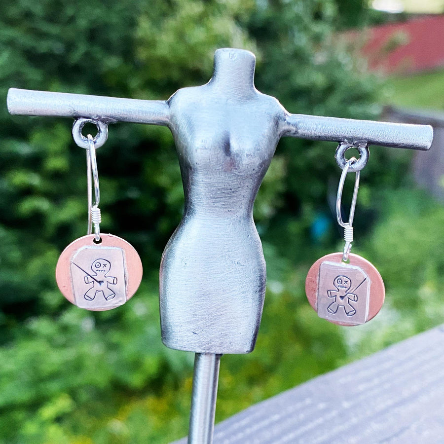 Artisan Sterling Silver and Copper Voodoo Doll Earrings, Voo Doo Doll, Poppet Doll, Poppet Magic, Funny Earrings, Humor, I'm Just Fine, Gift