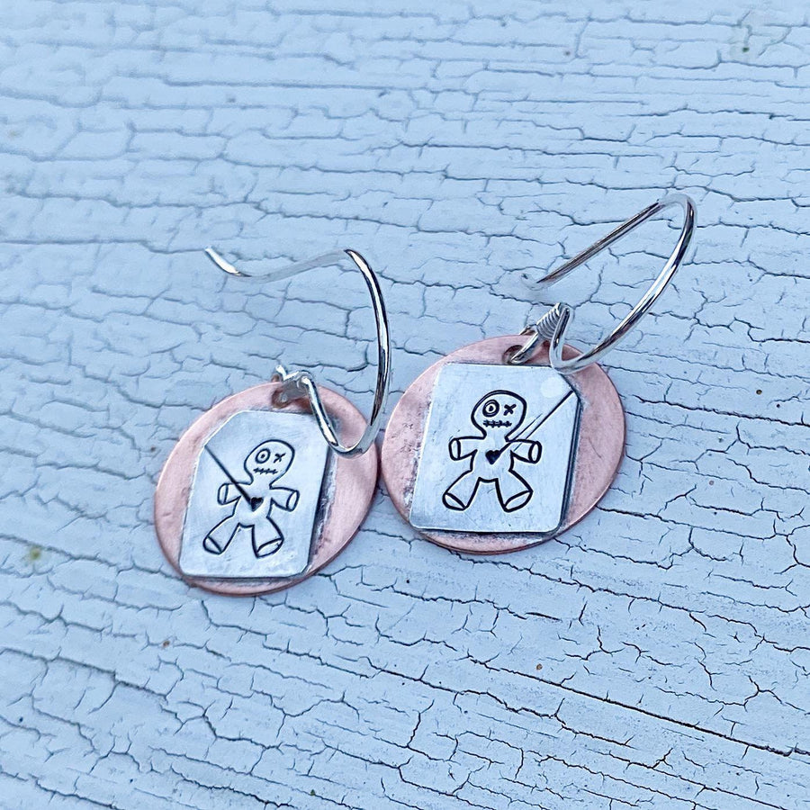 Artisan Sterling Silver and Copper Voodoo Doll Earrings, Voo Doo Doll, Poppet Doll, Poppet Magic, Funny Earrings, Humor, I'm Just Fine, Gift