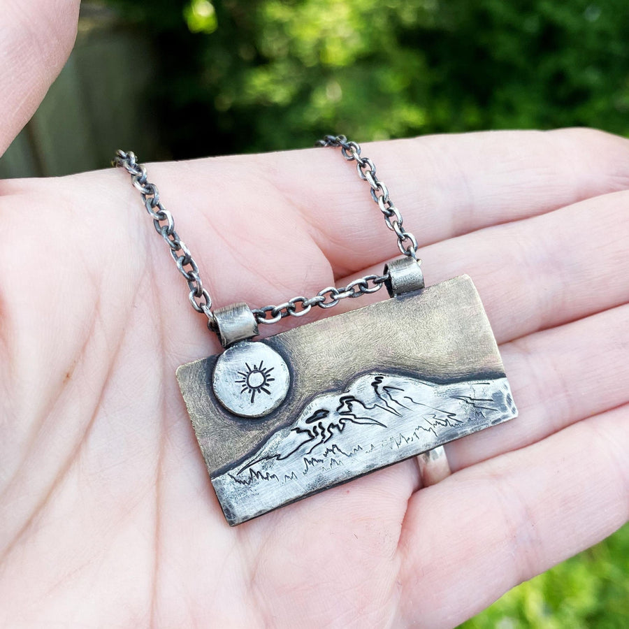 Artisan Sterling Silver and Brass Mt Rainier Mountain Washington Scene Pendant Necklace, Inspirational Camping Hiking, Sterling Silver Brass