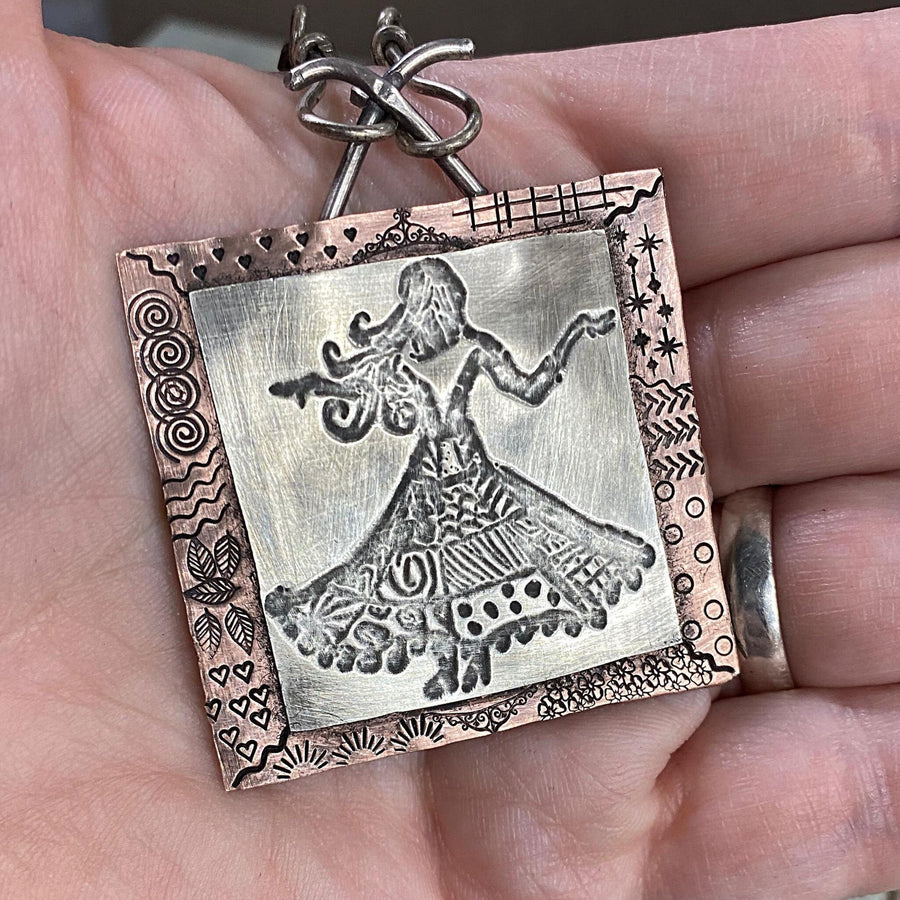 Artisan Sterling Silver & Copper Dancing Woman Lady Pattern Scene Pendant Necklace, Inspirational Frida Kahlo, Lady in a Dress, Dance