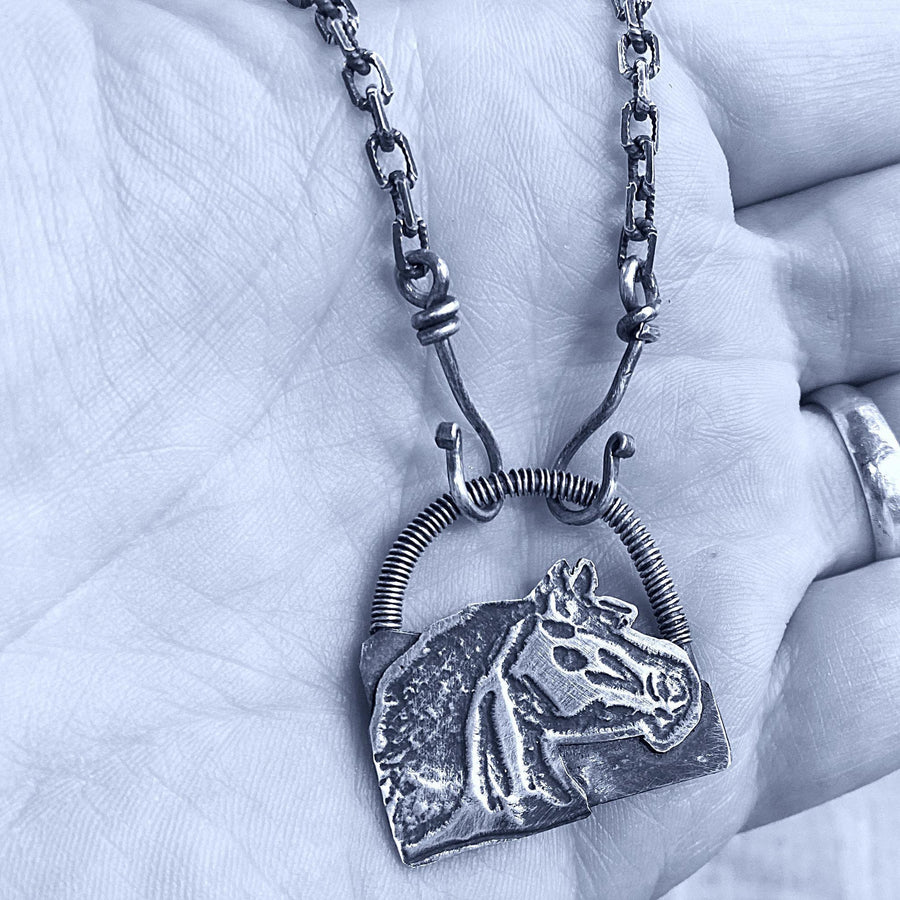 Artisan Solid Sterling Silver Freehand-Drawn One of a Kind Horse Head Pendant Necklace, Inspirational Freedom, Riding, Equine, Etched, Wrap