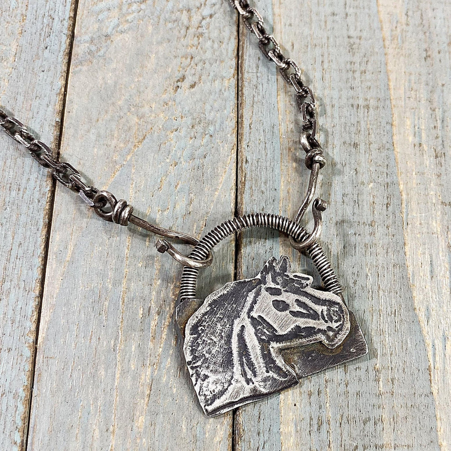 Artisan Solid Sterling Silver Freehand-Drawn One of a Kind Horse Head Pendant Necklace, Inspirational Freedom, Riding, Equine, Etched, Wrap