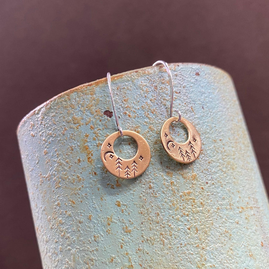 Artisan Sterling Silver & Brass Stamped forest starry sky Moon Earrings, Minimalist, Ear Wire, Unique, Original Trees Starry Night Moon