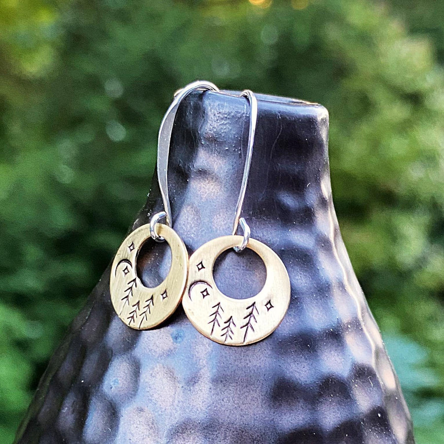 Artisan Sterling Silver & Brass Stamped forest starry sky Moon Earrings, Minimalist, Ear Wire, Unique, Original Trees Starry Night Moon